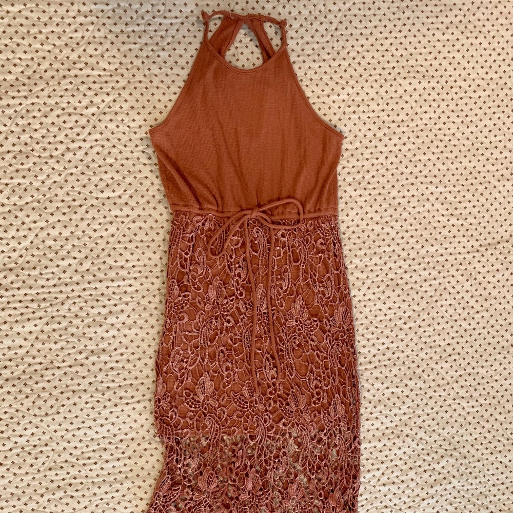 gimmicks by BKE Rust Halter Neck Lace Midi Dress